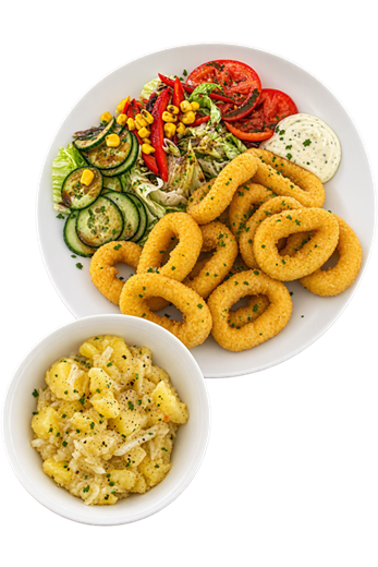 Tintenfischringe mit Salat im Sunset Restaurant & Bar